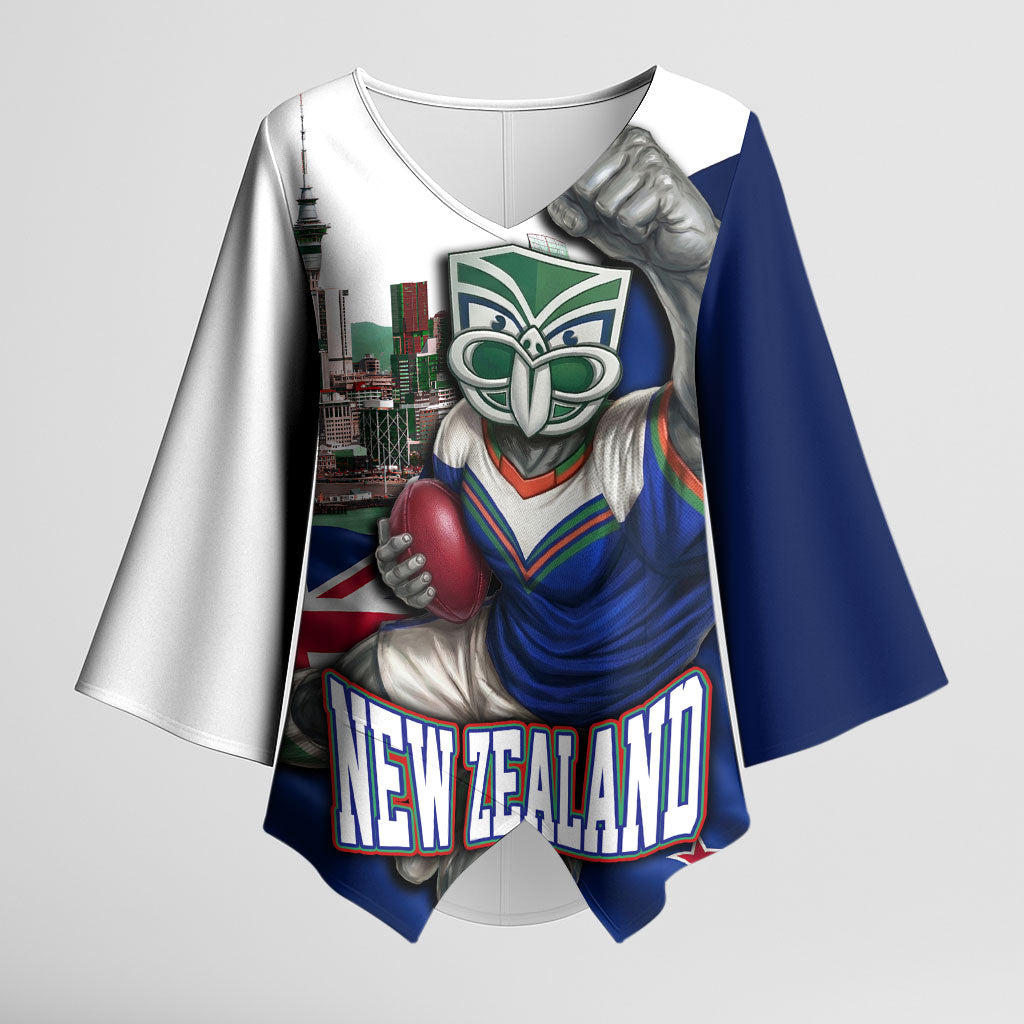Personalized New Zealand Warriors Rugby Kimono Sleeve Blouse Warrior Mascot Auckland Skyline Flag Art