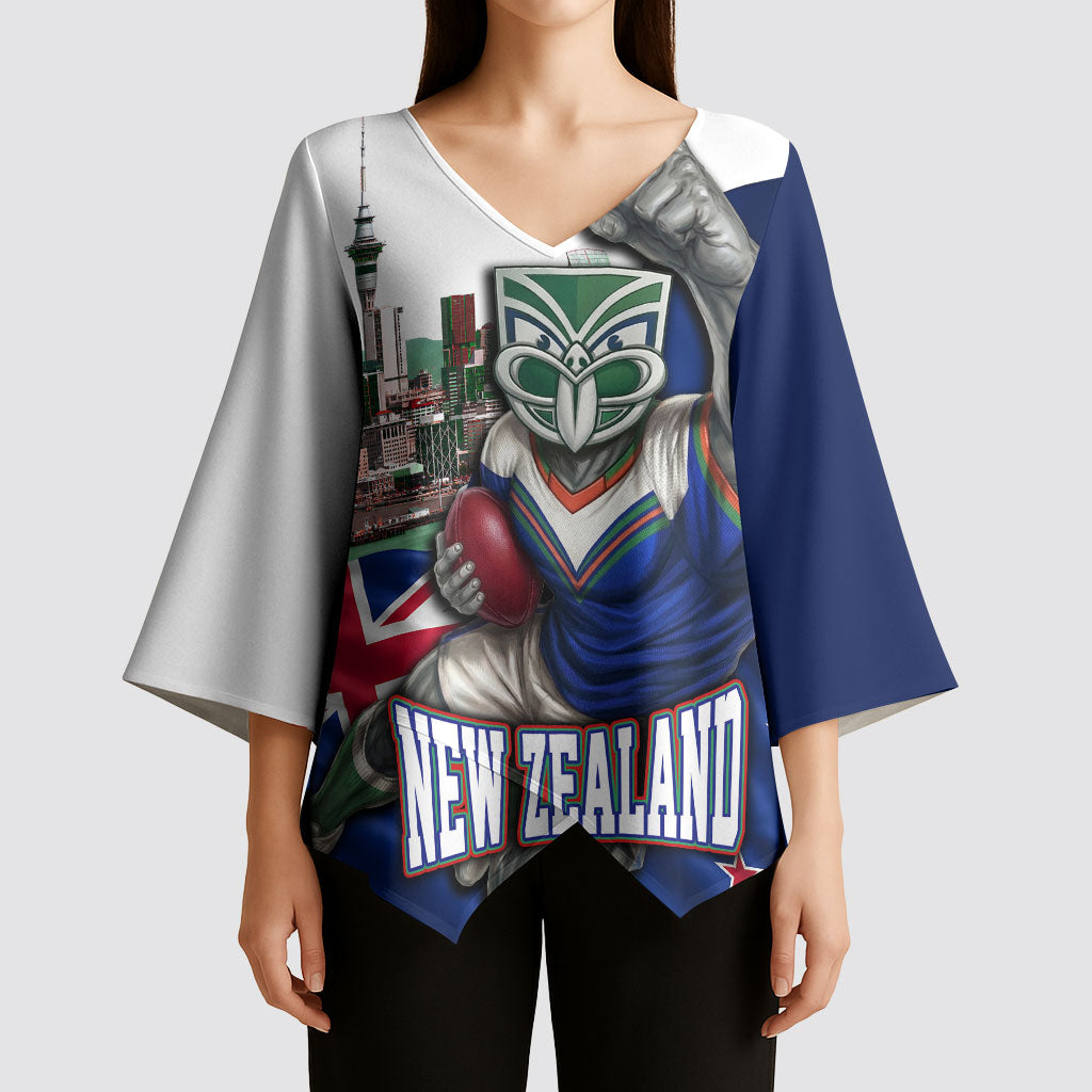 Personalized New Zealand Warriors Rugby Kimono Sleeve Blouse Warrior Mascot Auckland Skyline Flag Art