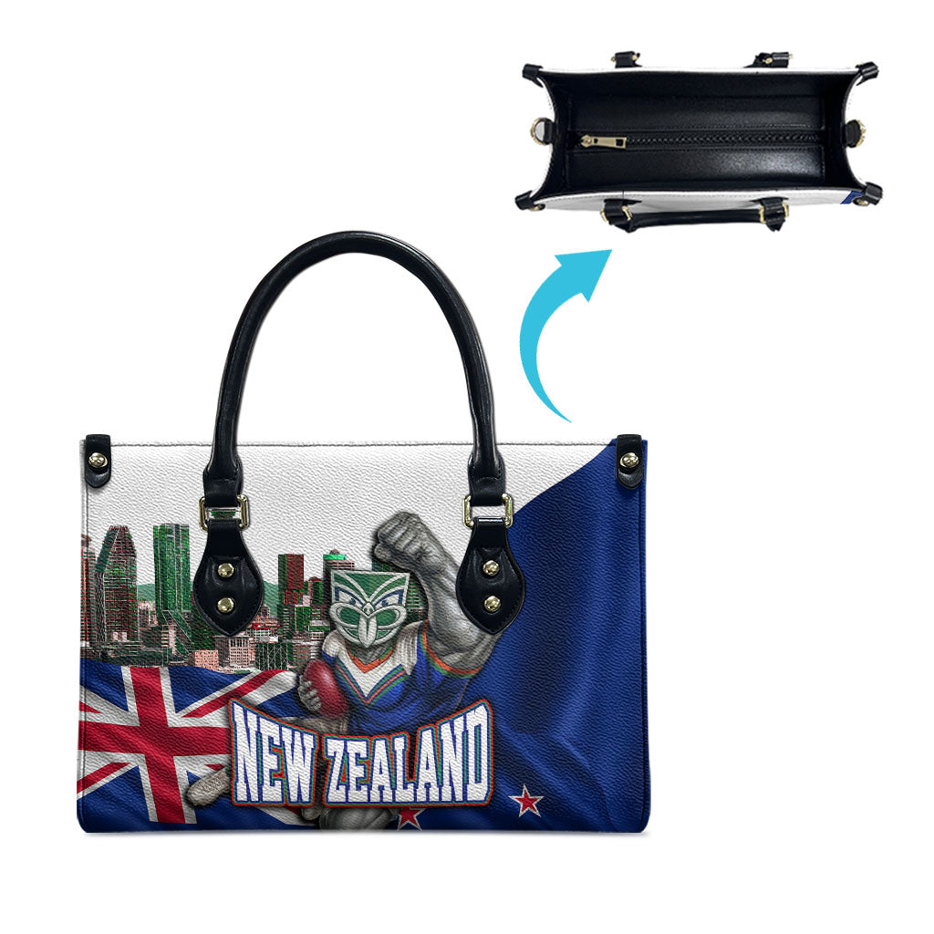 New Zealand Warriors Rugby Leather Bag Warrior Mascot Auckland Skyline Flag Art