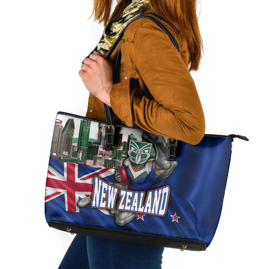 New Zealand Warriors Rugby Leather Tote Bag Warrior Mascot Auckland Skyline Flag Art