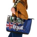 New Zealand Warriors Rugby Leather Tote Bag Warrior Mascot Auckland Skyline Flag Art