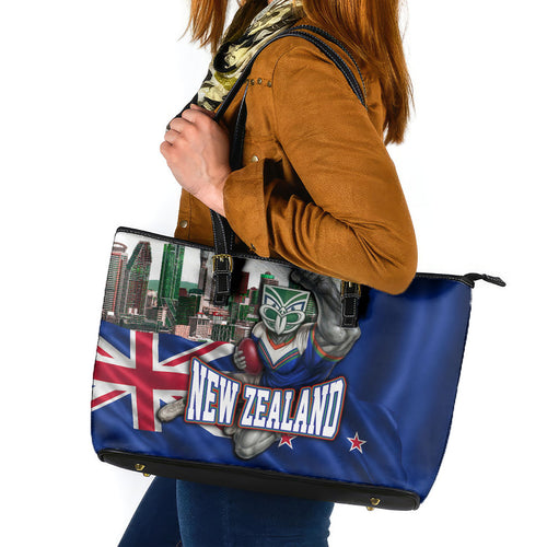 New Zealand Warriors Rugby Leather Tote Bag Warrior Mascot Auckland Skyline Flag Art