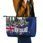 New Zealand Warriors Rugby Leather Tote Bag Warrior Mascot Auckland Skyline Flag Art