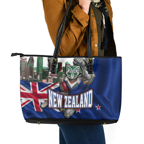 New Zealand Warriors Rugby Leather Tote Bag Warrior Mascot Auckland Skyline Flag Art