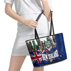 New Zealand Warriors Rugby Leather Tote Bag Warrior Mascot Auckland Skyline Flag Art