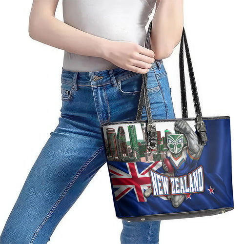 New Zealand Warriors Rugby Leather Tote Bag Warrior Mascot Auckland Skyline Flag Art