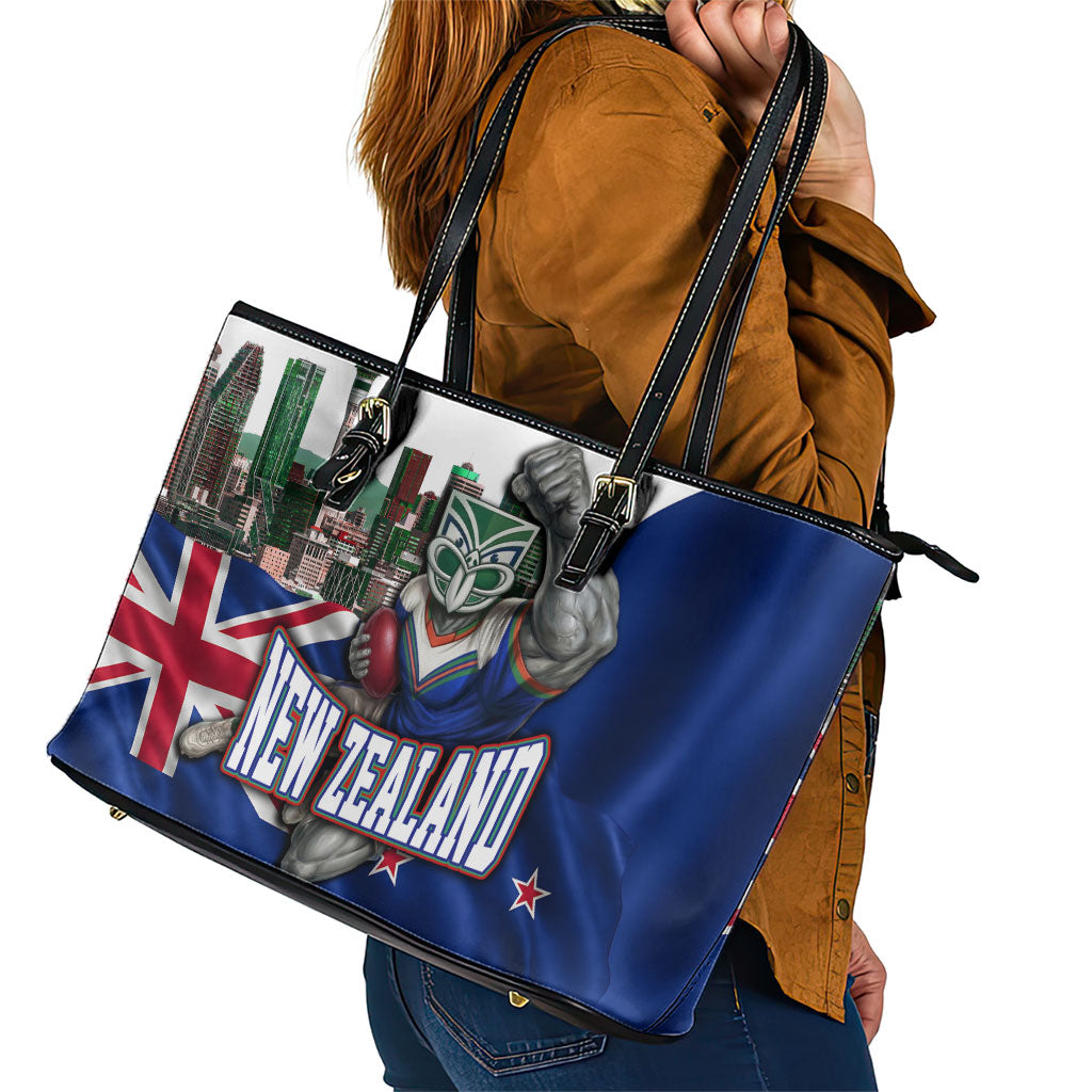 New Zealand Warriors Rugby Leather Tote Bag Warrior Mascot Auckland Skyline Flag Art