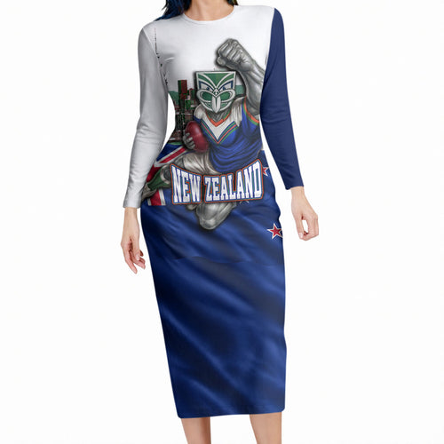 Personalized New Zealand Warriors Rugby Long Sleeve Bodycon Dress Warrior Mascot Auckland Skyline Flag Art