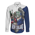 Personalized New Zealand Warriors Rugby Long Sleeve Button Shirt Warrior Mascot Auckland Skyline Flag Art