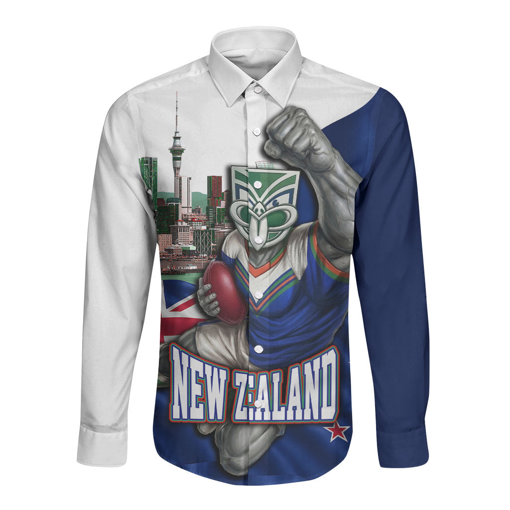 Personalized New Zealand Warriors Rugby Long Sleeve Button Shirt Warrior Mascot Auckland Skyline Flag Art