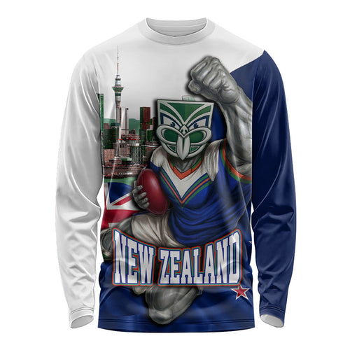 Personalized New Zealand Warriors Rugby Long Sleeve Shirt Warrior Mascot Auckland Skyline Flag Art