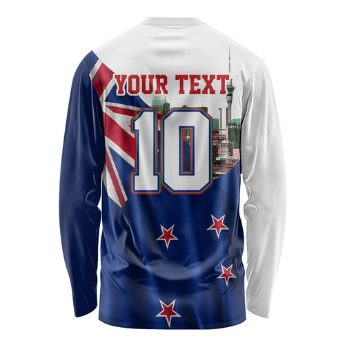 Personalized New Zealand Warriors Rugby Long Sleeve Shirt Warrior Mascot Auckland Skyline Flag Art