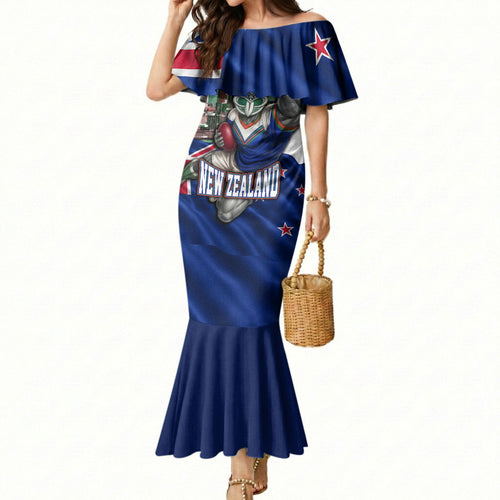 Personalized New Zealand Warriors Rugby Mermaid Dress Warrior Mascot Auckland Skyline Flag Art