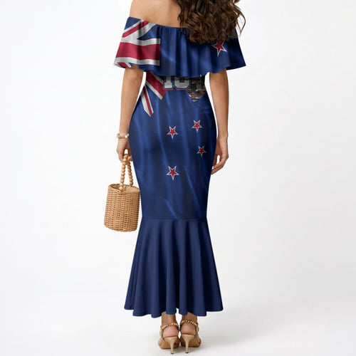 Personalized New Zealand Warriors Rugby Mermaid Dress Warrior Mascot Auckland Skyline Flag Art