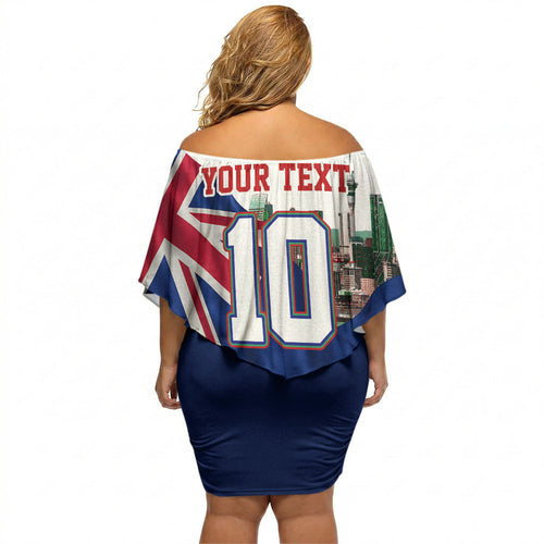 Personalized New Zealand Warriors Rugby Off Shoulder Short Dress Warrior Mascot Auckland Skyline Flag Art