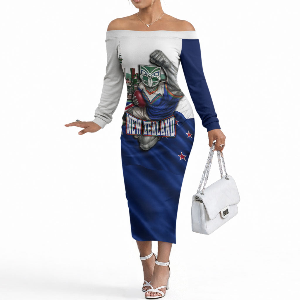 Personalized New Zealand Warriors Rugby Off The Shoulder Long Sleeve Dress Warrior Mascot Auckland Skyline Flag Art