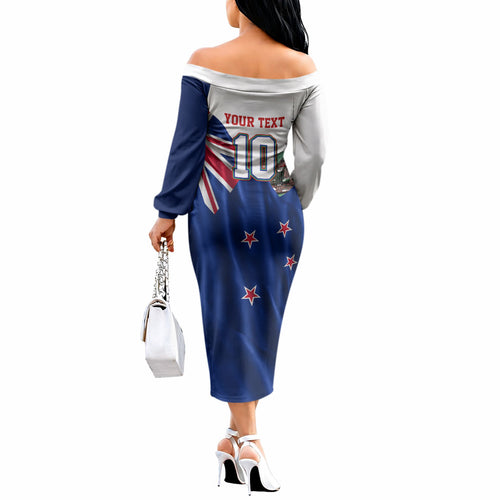 Personalized New Zealand Warriors Rugby Off The Shoulder Long Sleeve Dress Warrior Mascot Auckland Skyline Flag Art