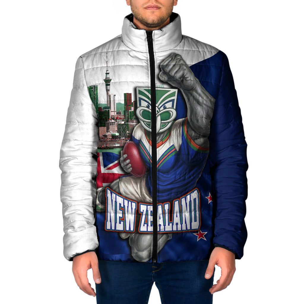 Personalized New Zealand Warriors Rugby Padded Jacket Warrior Mascot Auckland Skyline Flag Art