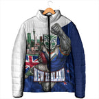 Personalized New Zealand Warriors Rugby Padded Jacket Warrior Mascot Auckland Skyline Flag Art