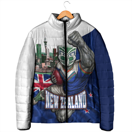 Personalized New Zealand Warriors Rugby Padded Jacket Warrior Mascot Auckland Skyline Flag Art