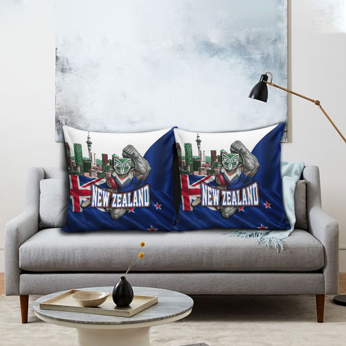 New Zealand Warriors Rugby Pillow Cover Warrior Mascot Auckland Skyline Flag Art