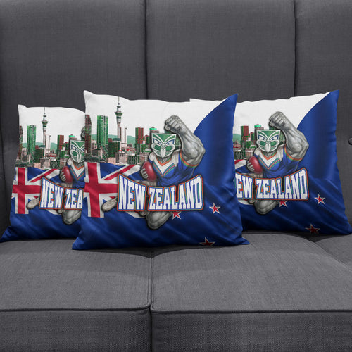 New Zealand Warriors Rugby Pillow Cover Warrior Mascot Auckland Skyline Flag Art