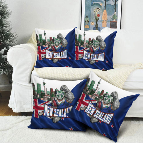 New Zealand Warriors Rugby Pillow Cover Warrior Mascot Auckland Skyline Flag Art
