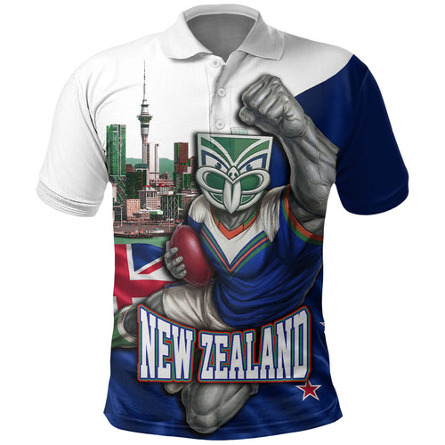 Personalized New Zealand Warriors Rugby Polo Shirt Warrior Mascot Auckland Skyline Flag Art