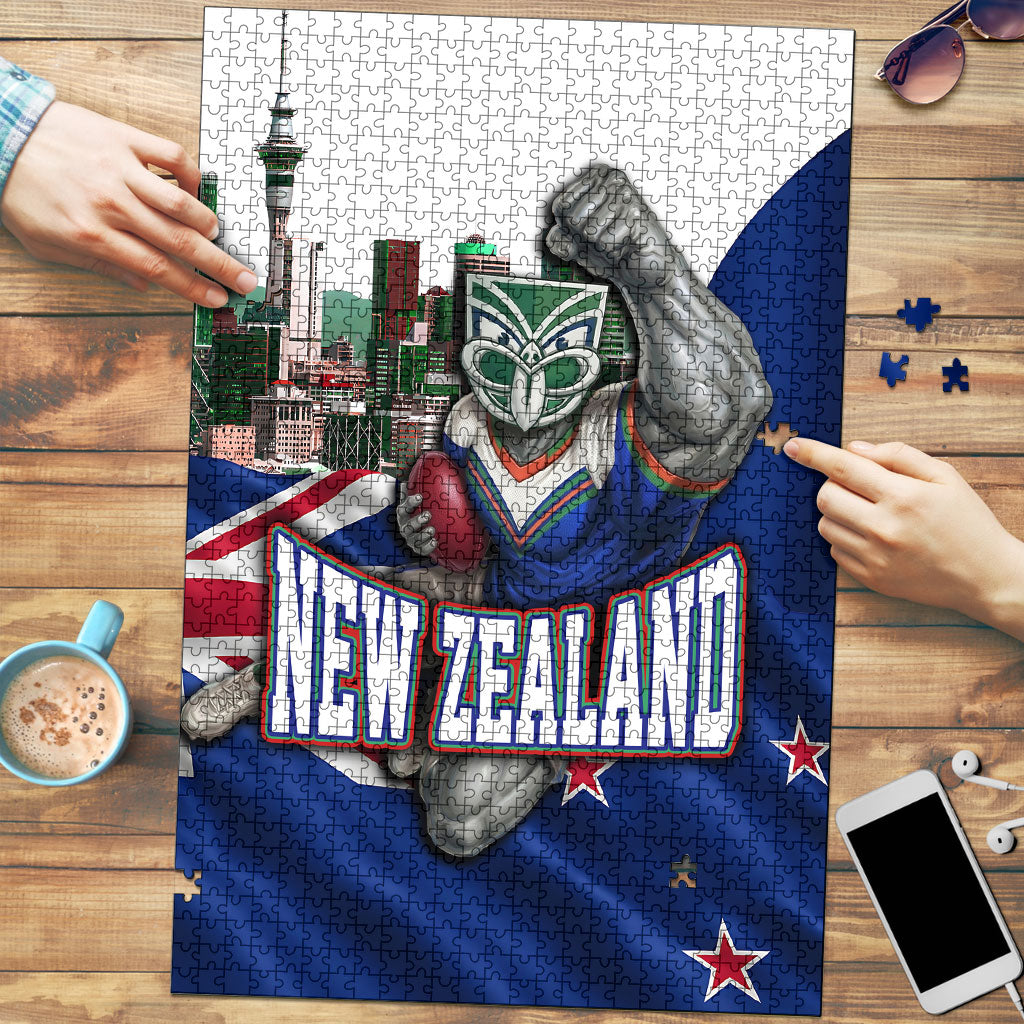 New Zealand Warriors Rugby Puzzle Warrior Mascot Auckland Skyline Flag Art