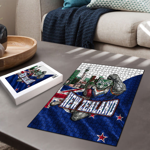 New Zealand Warriors Rugby Puzzle Warrior Mascot Auckland Skyline Flag Art