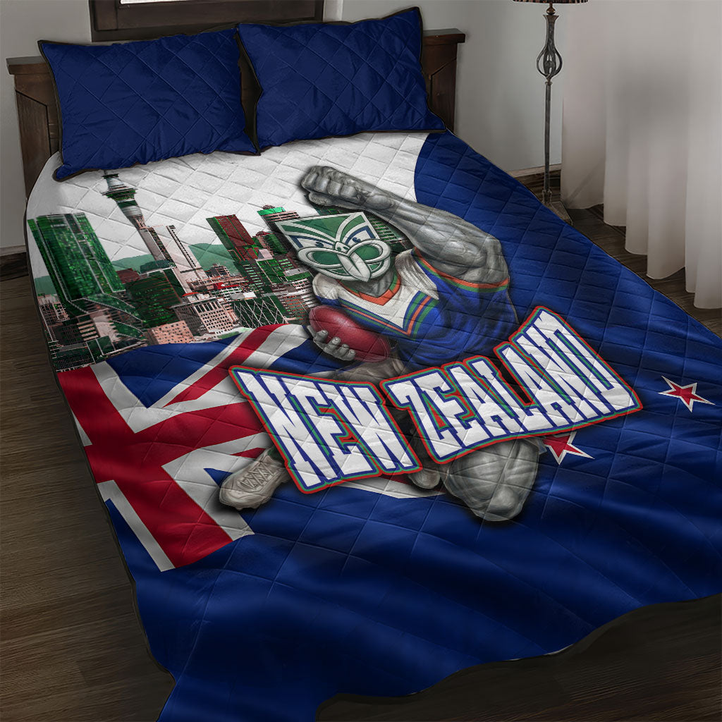 New Zealand Warriors Rugby Quilt Bed Set Warrior Mascot Auckland Skyline Flag Art