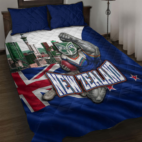 New Zealand Warriors Rugby Quilt Bed Set Warrior Mascot Auckland Skyline Flag Art