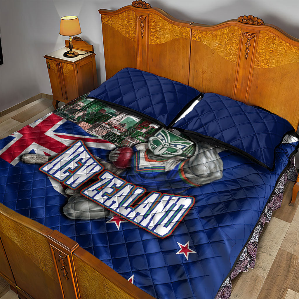 New Zealand Warriors Rugby Quilt Bed Set Warrior Mascot Auckland Skyline Flag Art