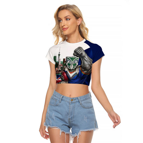 Personalized New Zealand Warriors Rugby Raglan Cropped T Shirt Warrior Mascot Auckland Skyline Flag Art