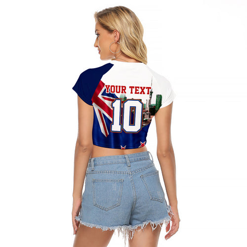 Personalized New Zealand Warriors Rugby Raglan Cropped T Shirt Warrior Mascot Auckland Skyline Flag Art