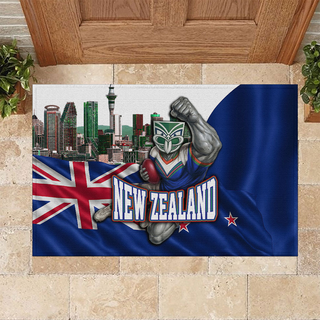 New Zealand Warriors Rugby Rubber Doormat Warrior Mascot Auckland Skyline Flag Art