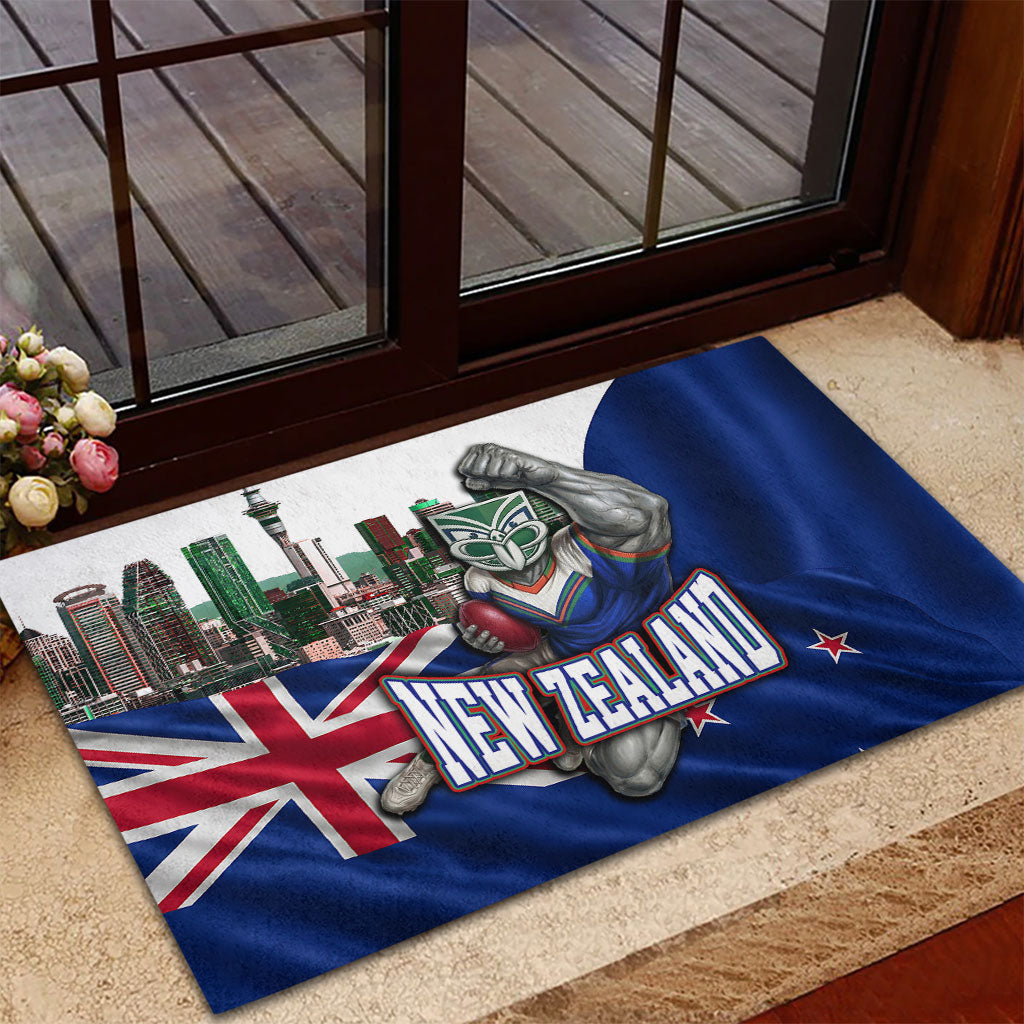 New Zealand Warriors Rugby Rubber Doormat Warrior Mascot Auckland Skyline Flag Art