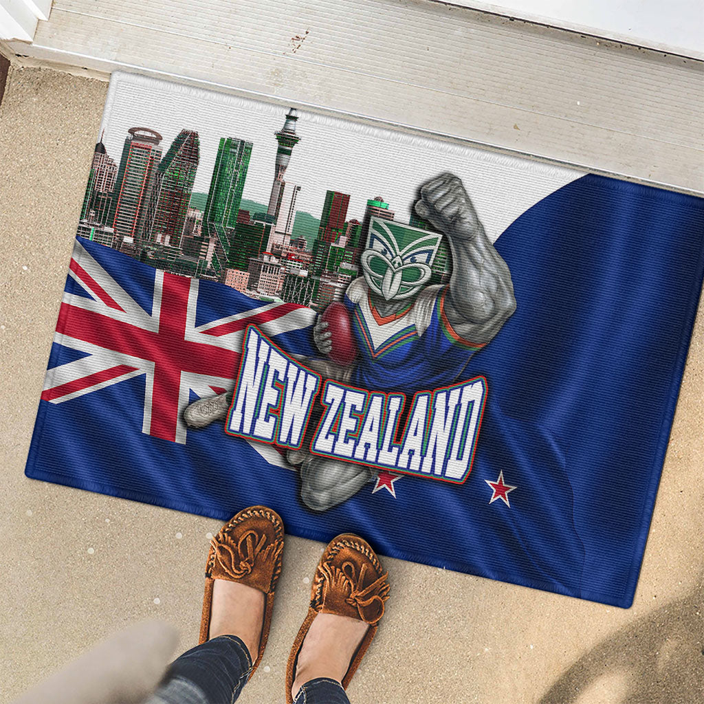 New Zealand Warriors Rugby Rubber Doormat Warrior Mascot Auckland Skyline Flag Art