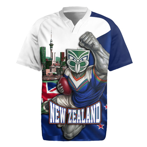 Personalized New Zealand Warriors Rugby Rugby Jersey Warrior Mascot Auckland Skyline Flag Art