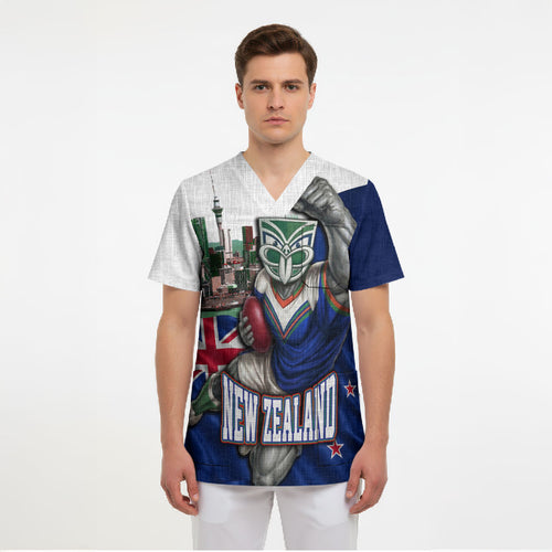 Personalized New Zealand Warriors Rugby Scrub Top Warrior Mascot Auckland Skyline Flag Art