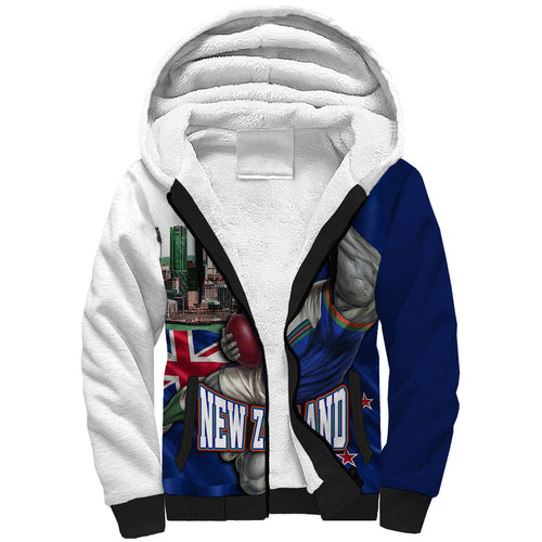 Personalized New Zealand Warriors Rugby Sherpa Hoodie Warrior Mascot Auckland Skyline Flag Art