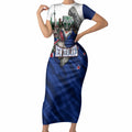 Personalized New Zealand Warriors Rugby Short Sleeve Bodycon Dress Warrior Mascot Auckland Skyline Flag Art