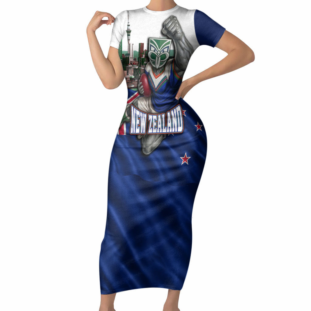 Personalized New Zealand Warriors Rugby Short Sleeve Bodycon Dress Warrior Mascot Auckland Skyline Flag Art
