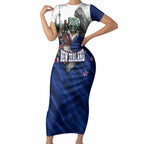Personalized New Zealand Warriors Rugby Short Sleeve Bodycon Dress Warrior Mascot Auckland Skyline Flag Art