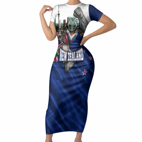 Personalized New Zealand Warriors Rugby Short Sleeve Bodycon Dress Warrior Mascot Auckland Skyline Flag Art