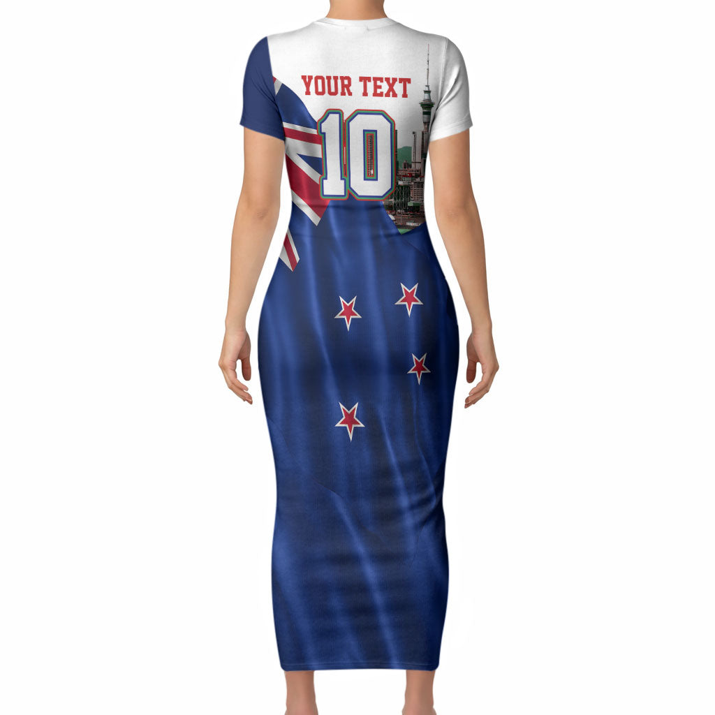 Personalized New Zealand Warriors Rugby Short Sleeve Bodycon Dress Warrior Mascot Auckland Skyline Flag Art
