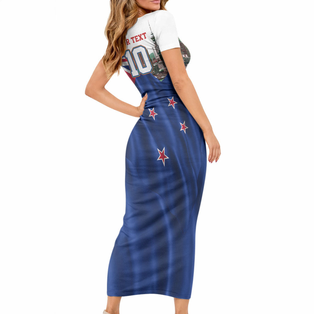 Personalized New Zealand Warriors Rugby Short Sleeve Bodycon Dress Warrior Mascot Auckland Skyline Flag Art