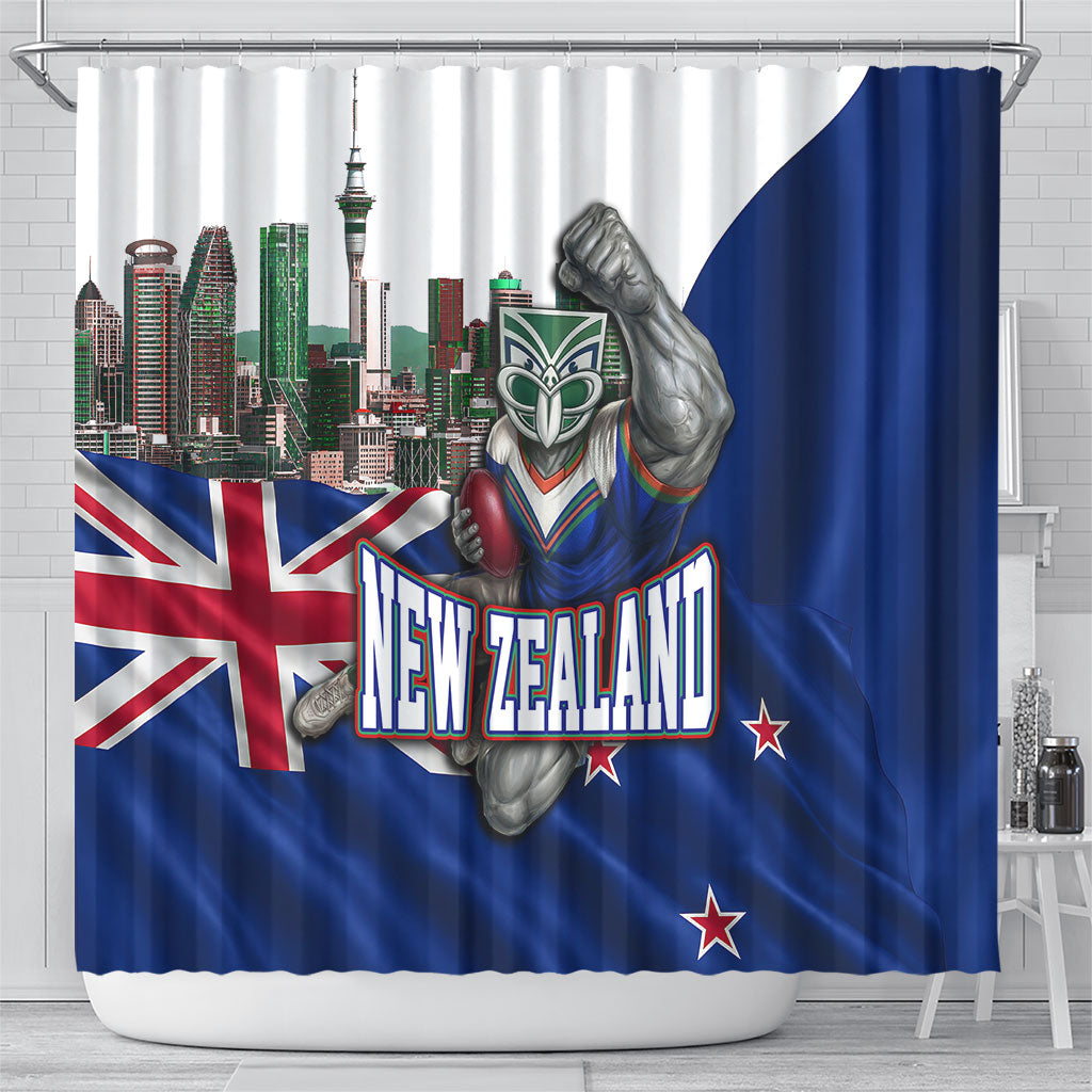 New Zealand Warriors Rugby Shower Curtain Warrior Mascot Auckland Skyline Flag Art