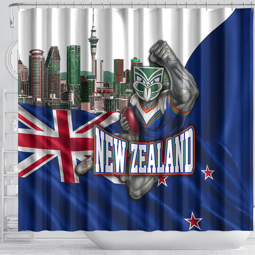 New Zealand Warriors Rugby Shower Curtain Warrior Mascot Auckland Skyline Flag Art