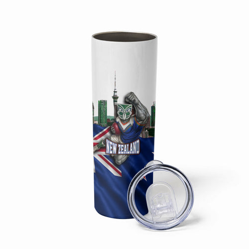 Personalized New Zealand Warriors Rugby Skinny Tumbler Warrior Mascot Auckland Skyline Flag Art